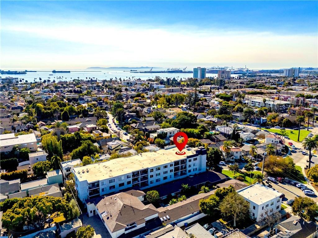 drone / aerial view with a water view