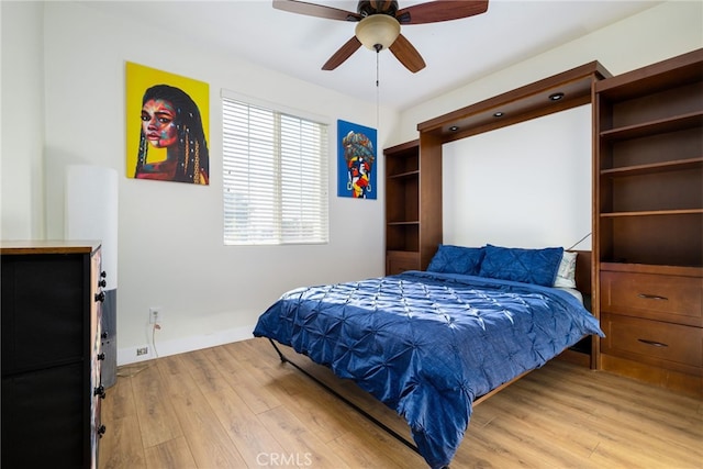 bedroom with ceiling fan and light hardwood / wood-style floors