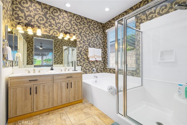 bathroom with vanity, tile patterned floors, ceiling fan, and plus walk in shower