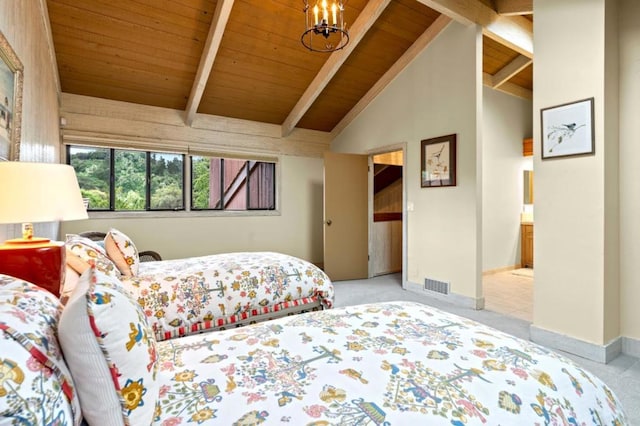 bedroom with a notable chandelier, vaulted ceiling with beams, and wooden ceiling