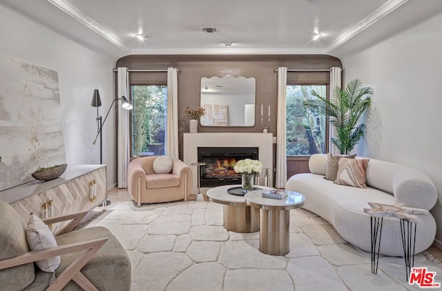 living area featuring ornamental molding