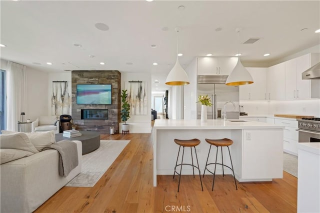 kitchen with hanging light fixtures, premium appliances, light wood-type flooring, white cabinets, and a stone fireplace