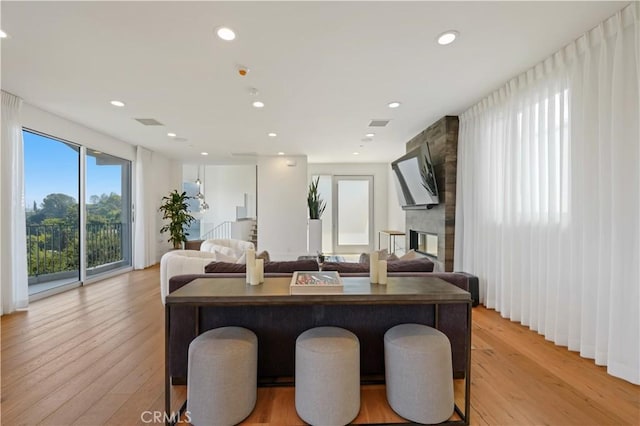 living room featuring light hardwood / wood-style floors and a multi sided fireplace