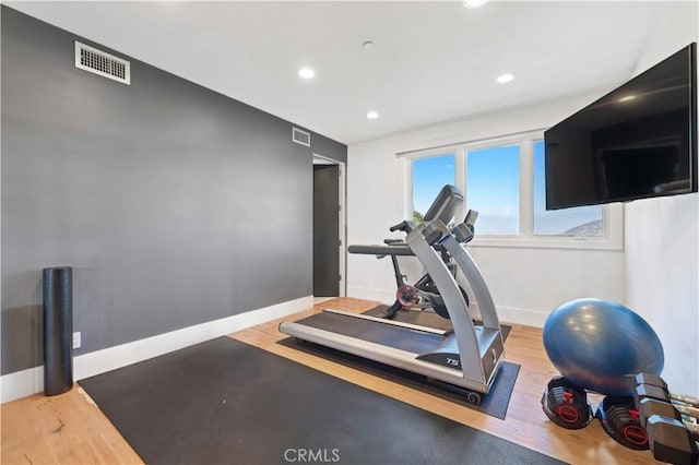 exercise area featuring hardwood / wood-style flooring