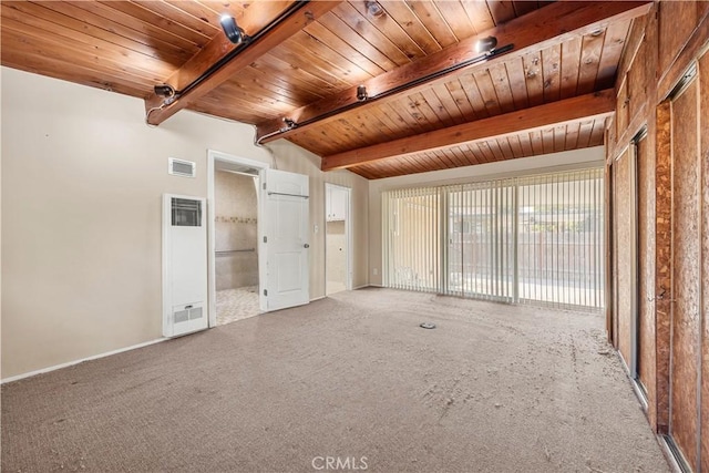 unfurnished living room featuring carpet floors, wooden ceiling, and vaulted ceiling with beams