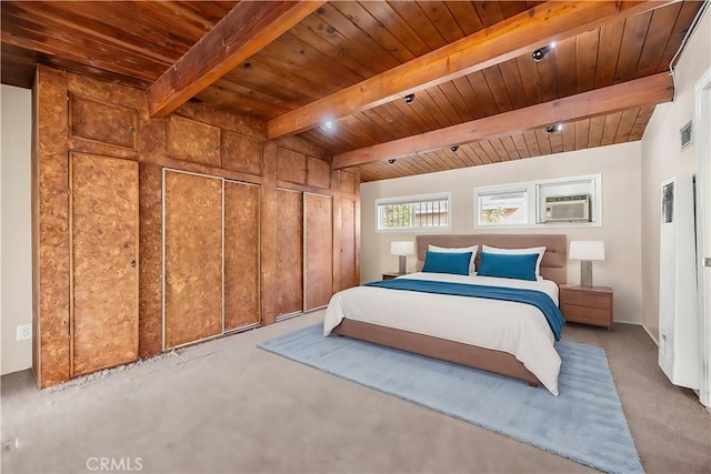 bedroom with beam ceiling and wood ceiling