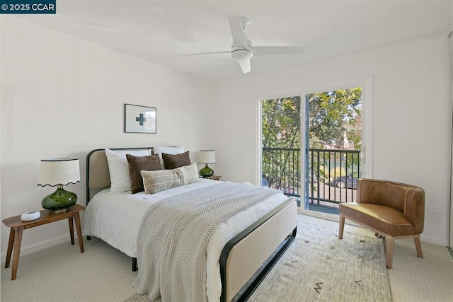 carpeted bedroom with ceiling fan and access to exterior