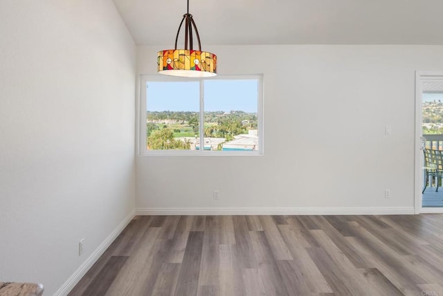 unfurnished dining area featuring baseboards and wood finished floors