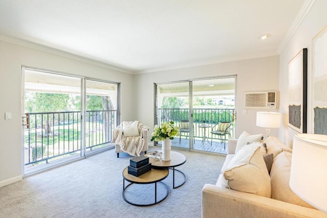 carpeted living room with a wall mounted AC and ornamental molding