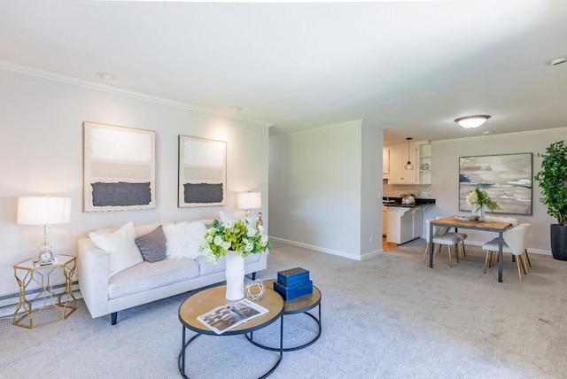 living room featuring a baseboard radiator, crown molding, and light carpet