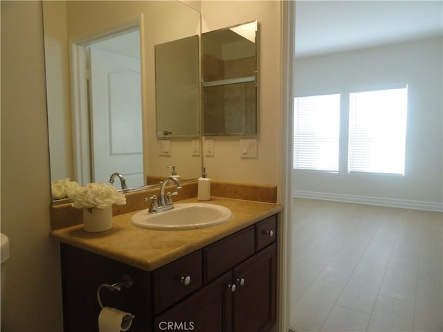 bathroom with wood-type flooring and vanity