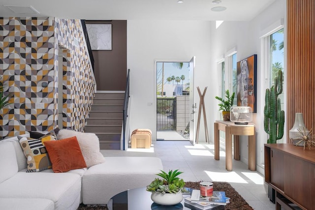 living room featuring light tile patterned flooring