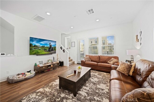 27014 Hummingbird Ln, Valencia, CA 91381 - living room featuring visible vents, stairway, wood finished floors, and recessed lighting