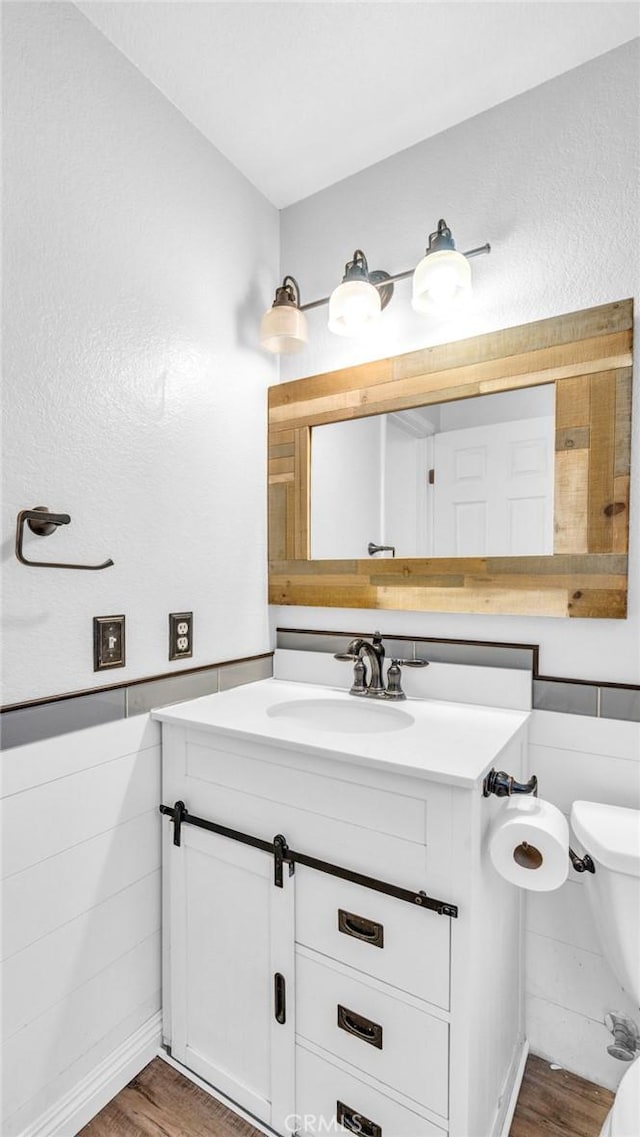 bathroom with toilet, vanity, and wood-type flooring