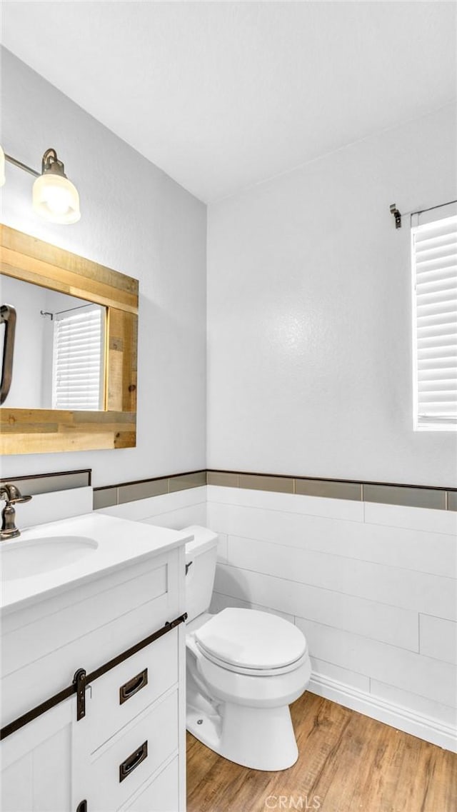 bathroom with wood-type flooring, vanity, and toilet