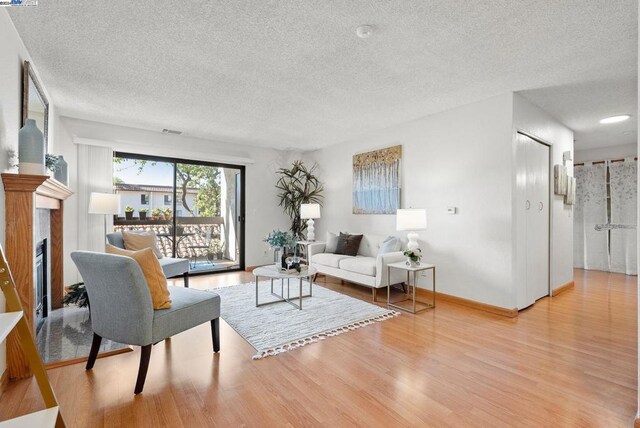 living room with a textured ceiling and light hardwood / wood-style flooring