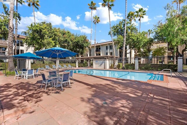 view of pool with a pergola and a patio