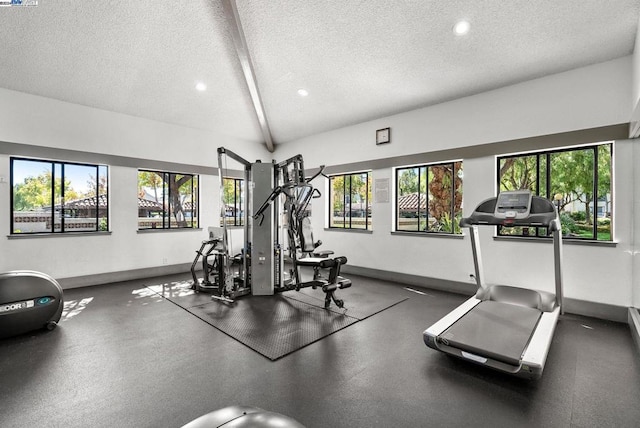 gym with a textured ceiling and lofted ceiling