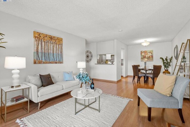 living room featuring a textured ceiling and light hardwood / wood-style flooring