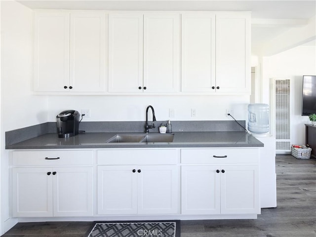 kitchen with sink, dark hardwood / wood-style flooring, and white cabinetry