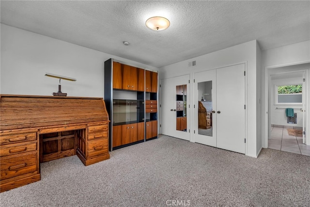 kitchen with light carpet and a textured ceiling