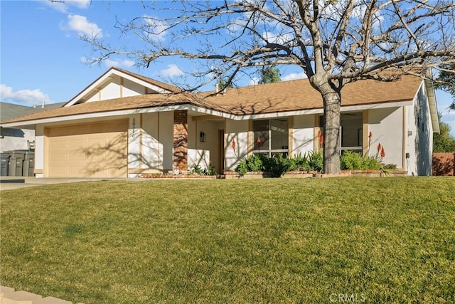 ranch-style house with a front yard and a garage