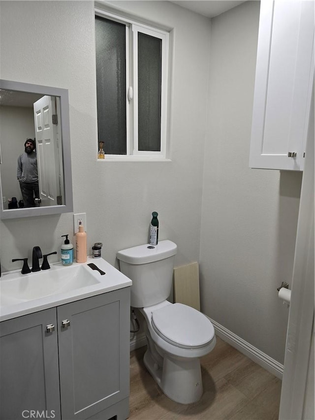 bathroom with toilet, vanity, and hardwood / wood-style flooring