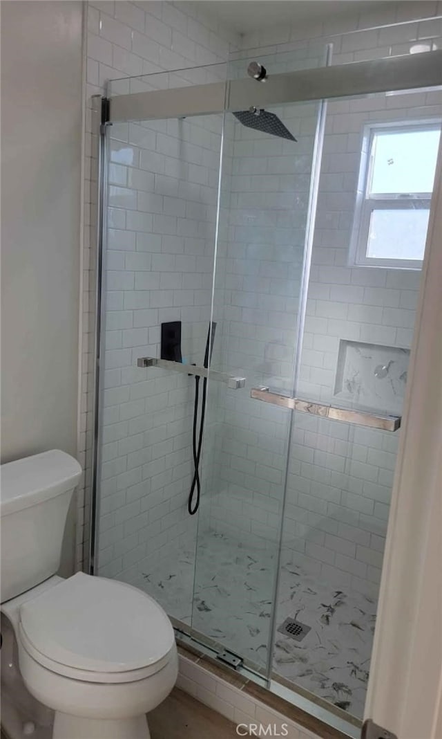 bathroom with toilet and a shower with door