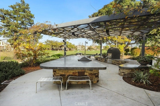 view of patio / terrace with an outdoor kitchen, a grill, and a pergola