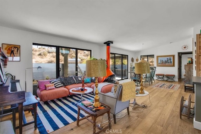 living area featuring wood finished floors and vaulted ceiling