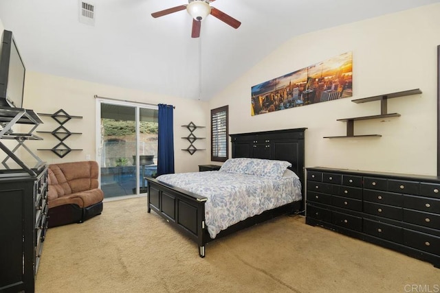 carpeted bedroom with access to exterior, vaulted ceiling, and ceiling fan