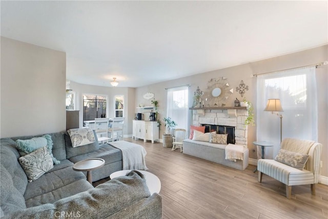 living room with a fireplace and wood-type flooring