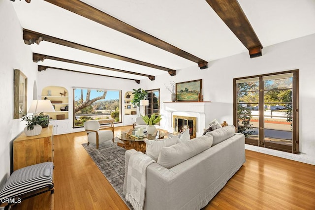 living room featuring a wealth of natural light, beamed ceiling, and built in features