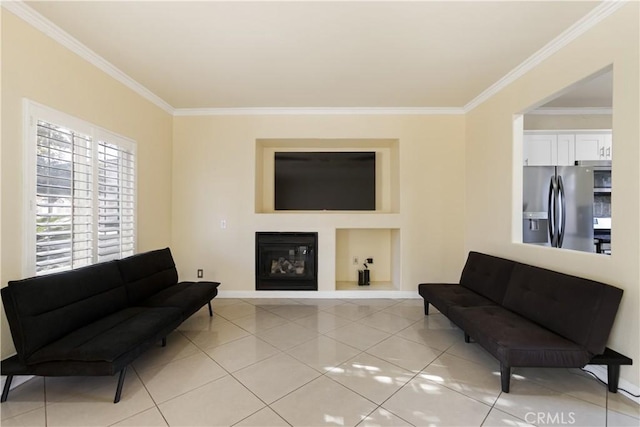 tiled living room with crown molding