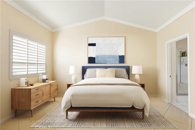 bedroom with lofted ceiling, ornamental molding, and light tile patterned floors