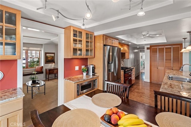 kitchen featuring a raised ceiling, sink, hanging light fixtures, light stone countertops, and appliances with stainless steel finishes