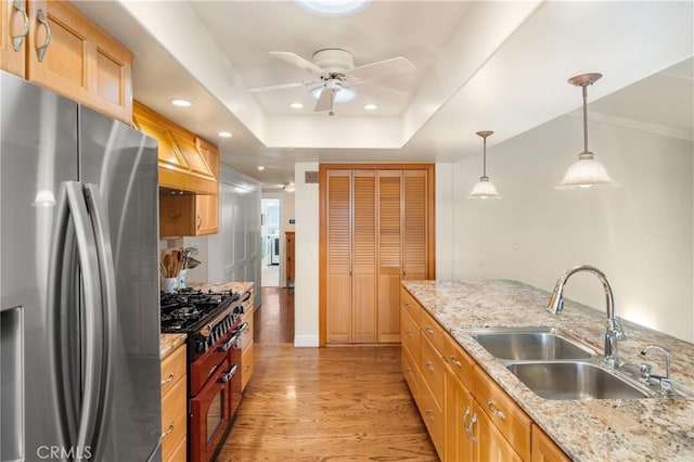 kitchen featuring light stone countertops, pendant lighting, appliances with stainless steel finishes, sink, and a raised ceiling