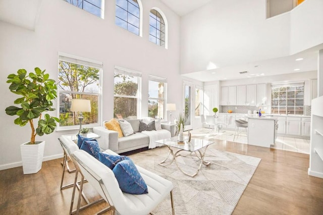 living room featuring light hardwood / wood-style flooring and a towering ceiling