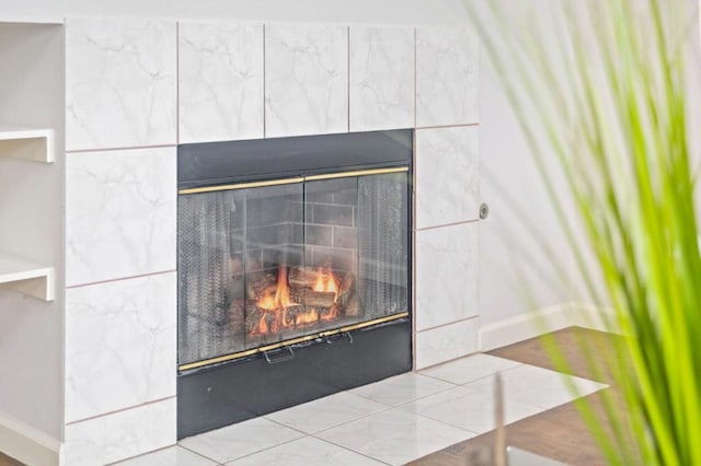 room details with a tiled fireplace