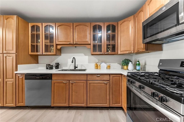 kitchen with appliances with stainless steel finishes, light hardwood / wood-style flooring, and sink