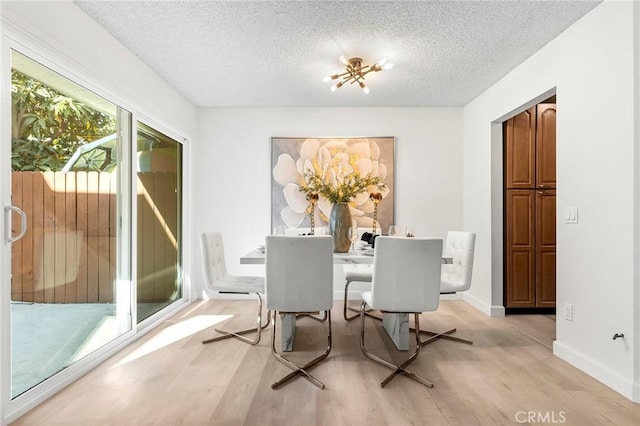 dining space with a textured ceiling and light hardwood / wood-style floors