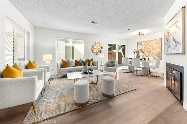 living room featuring a textured ceiling and light hardwood / wood-style flooring