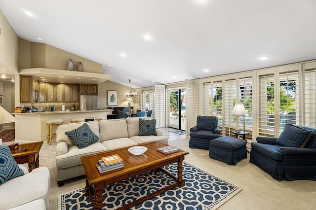 carpeted living room with lofted ceiling