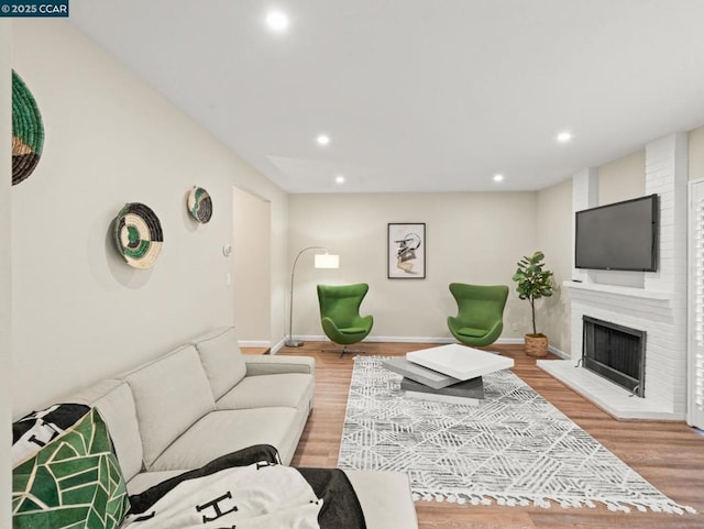 living room with a fireplace and hardwood / wood-style flooring