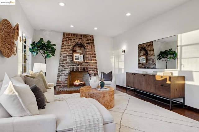 living room with hardwood / wood-style flooring and a fireplace