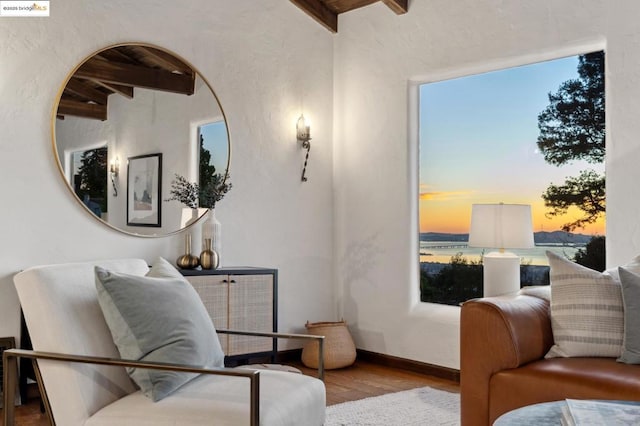 living area featuring a water view, light hardwood / wood-style flooring, and beam ceiling