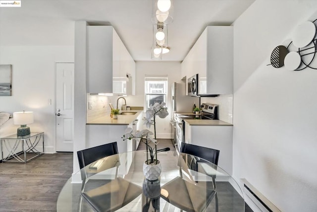 dining area with sink, dark hardwood / wood-style floors, and a baseboard heating unit