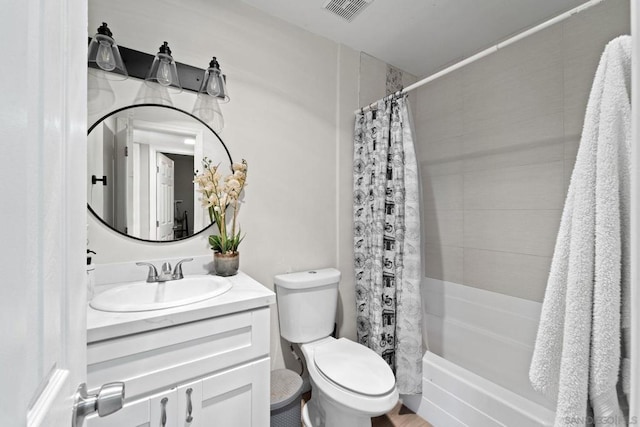 full bathroom with toilet, shower / bathtub combination with curtain, and vanity