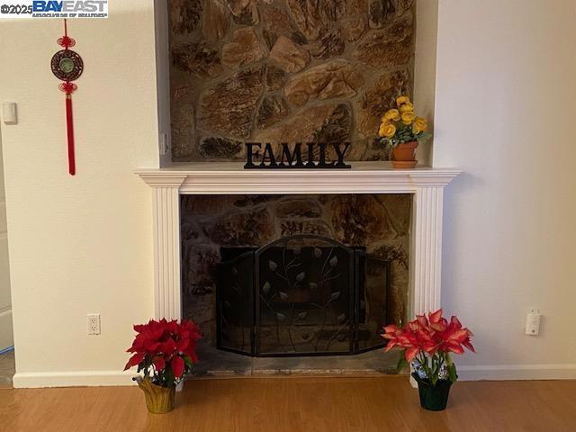 room details with wood-type flooring and a stone fireplace