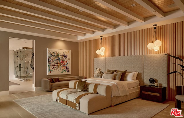 bedroom with beam ceiling, wood ceiling, and hardwood / wood-style flooring